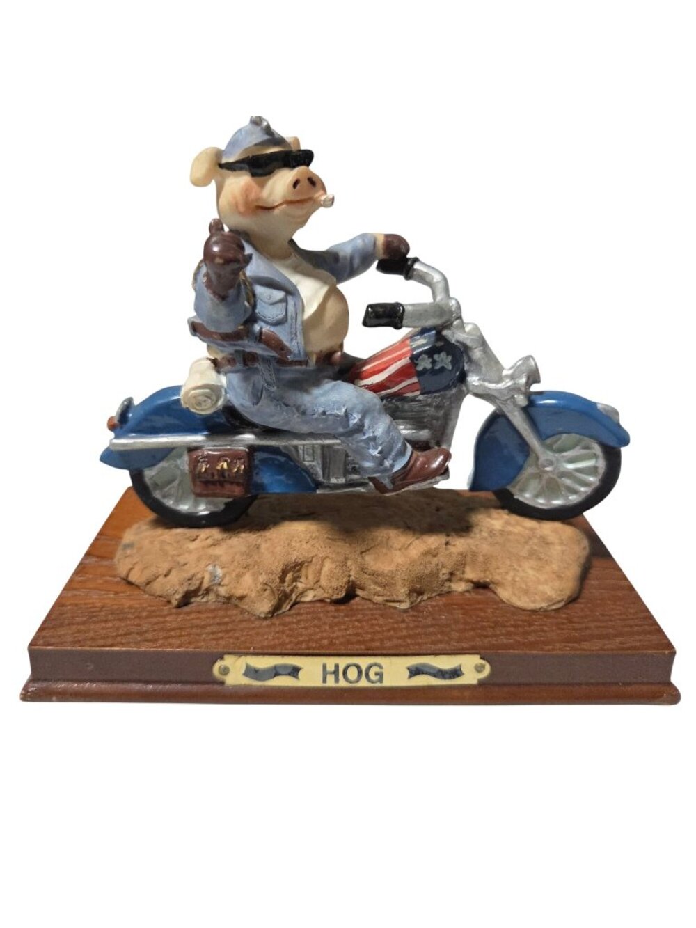 Hog Biker Pig Figurine Motorcycle Patriotic Details Wooden Base Funny Decor